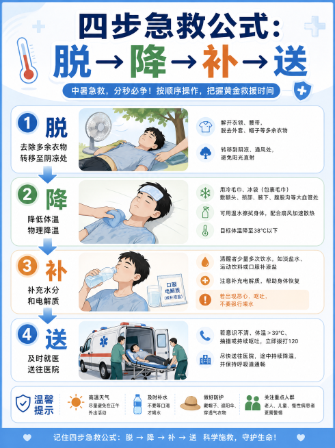 小红书笔记配图插画，文字主题"四步急救公式：脱→降→补→送"，步骤科普插画，分四个模块展示急救步骤，清晰流程导向，医疗科普风格配色，适合小红书配图预览效果