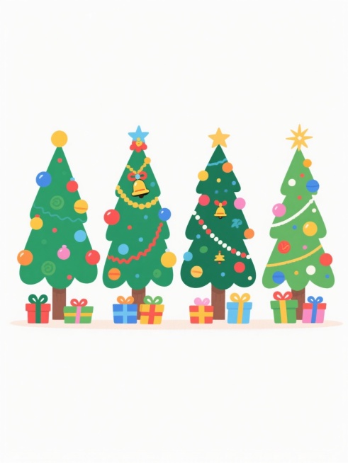 卡通风格圣诞节插画，四棵排列整齐的圣诞树，每棵圣诞树拥有不同的装饰、配色和外观，白色背景，整体艺术风格为平面插画，色彩鲜明活泼，主色调为绿色搭配多彩装饰色，光影表现为明亮均匀的正面光，无明显阴影，笔触质感平滑圆润，线条简洁流畅，构图为横向整齐排列，每棵圣诞树造型独特，分别装饰有不同颜色和样式的彩球、花环、铃铛、星星等饰品，树下摆放着与各自圣诞树配色协调的礼物盒，整体氛围欢快喜庆，充满节日气息，……预览效果