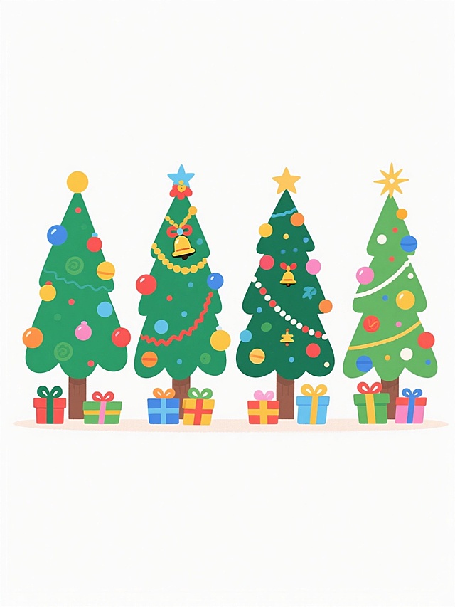 卡通风格圣诞节插画，四棵排列整齐的圣诞树，每棵圣诞树拥有不同的装饰、配色和外观，白色背景，整体艺术风格为平面插画，色彩鲜明活泼，主色调为绿色搭配多彩装饰色，光影表现为明亮均匀的正面光，无明显阴影，笔触质感平滑圆润，线条简洁流畅，构图为横向整齐排列，每棵圣诞树造型独特，分别装饰有不同颜色和样式的彩球、花环、铃铛、星星等饰品，树下摆放着与各自圣诞树配色协调的礼物盒，整体氛围欢快喜庆，充满节日气息，图像边缘清晰，无背景干扰，细节丰富且可爱。
