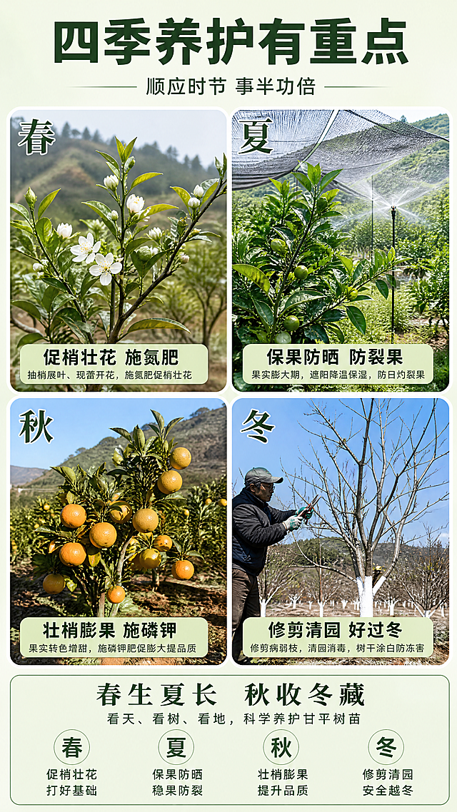 [第6张] 四季养护页-甘平树苗一年四季养护重点。真实摄影风格，高清季节场景质感，重点讲解四季养护差异。
[氛围/风格] 四季变化教学风，清新自然，真实季节场景展示，详细实用，专业可信，色彩随季节变化。
[元素布局] 四格季节养护场景横向排列或2×2布局，每格对应一个季节的养护重点：春季格「春 促梢壮花」，展示春天甘平树苗抽新芽开花的场景，嫩绿新芽，白色小花，生机勃勃；夏季格「夏 保果防晒」，展示夏天树苗枝叶茂盛，果实初长，有遮阳网或浇水降温的示意；秋季格「秋 壮梢膨果」，展示秋天果实膨大转色，橙黄色果实挂满枝头，阳光充足；冬季格「冬 修剪清园」，展示冬天给树苗修剪枝条，清理果园，树干涂白的场景；四个季节场景均为真实照片效果，树苗形态连贯；背景随季节渐变，春绿夏深绿秋橙冬浅蓝。
[光影质感] 每个季节有对应光影，春天柔和清新，夏天明亮强烈，秋天温暖金黄，冬天清冷明亮，整体真实感强，四季分明。
[配色色系] 四格分别用春绿、夏深绿、秋橙、冬蓝的色调区分；主色随季节变化；统一深绿色标题字。
[视角构图] 2×2 四宫格布局，阅读动线按春夏秋冬顺序，自然承接上一张的日常养护，从日常过渡到四季差异。
[文字版式] 版式为顶部大标题 + 四季四宫格 + 底部养护口诀。顶部主标题「四季养护有重点」，粗黑体深绿色；副标题「顺应时节 事半功倍」；每格上方有季节大字「春」「夏」「秋」「冬」，下方是养护要点标题和简短说明，如「春：促梢壮花 施氮肥」「夏：保果防晒 防裂果」「秋：壮梢膨果 施磷钾」「冬：修剪清园 好过冬」；底部小字总结「春生夏长 秋收冬藏」；文字清晰，信息明确。
[比例分辨率] 9:16 竖版比例，4K 分辨率，文字清晰可辨，高清真实摄影画质。
[负向提示词] 绘画风格，插画风格，3D渲染，卡通，手绘，树苗变形，场景不自然，塑料感，颜色偏差，水印，文字错乱，模糊，杂乱。