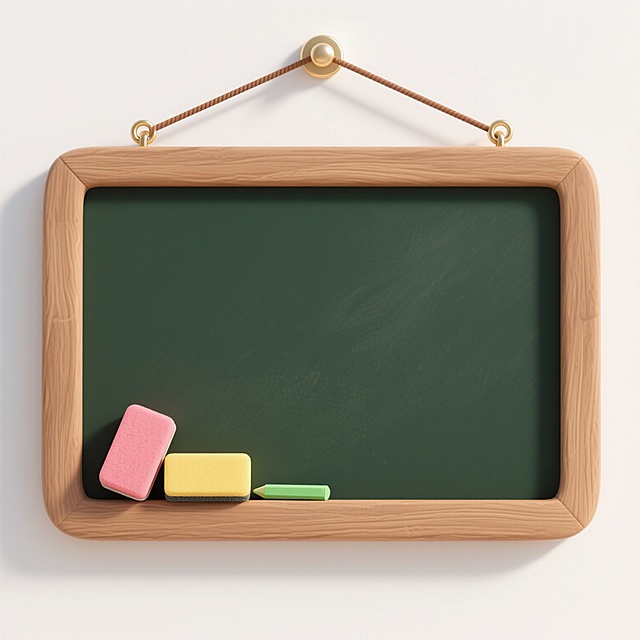 软3D风格，一块挂在白色背景上的木质边框黑板，木质边框呈现自然的浅棕色木纹，带有细小的纹理细节，质感柔和不生硬，黑板主体为深绿色，表面平滑，边缘与木质边框衔接自然，顶部通过两条棕色的细链条悬挂，链条两端连接在边框顶部的金属挂钩上，金属挂钩为浅金色，带有轻微的光泽感，黑板下方的左下角放置着两块彩色的黑板擦，一块是粉红色的，另一块是黄色的，旁边还有一支绿色的粉笔，整体画面色彩和谐，光影柔和，呈现出轻松、简洁的氛围，物体边缘圆润，立体感通过柔和的阴影和微妙的渐变来表现，没有强烈的明暗对比，整体风格统一、柔和、清新。