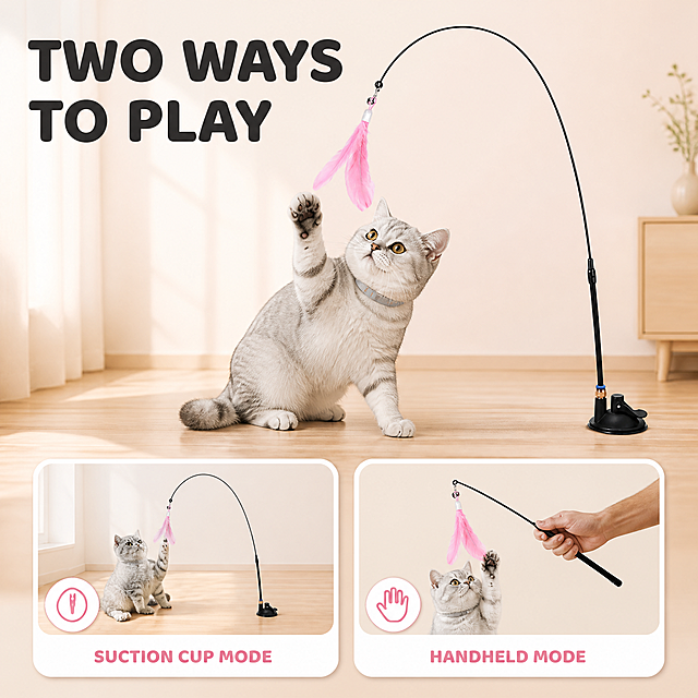[主图2] 商品名称：Interactive Feather Cat Teaser Toy with Suction Cup Base。主题：两种玩法（2-in-1 play modes），唯一任务：用真实互动状态证明产品既能吸盘固定自动逗猫、也能手持互动，本张只讲玩法与互动，不讲尺寸与参数。
[统一基调] 整套跨境主图统一视觉：暖奶油白到浅藕粉的柔和渐变背景作为主背景色系，辅助色为暖浅灰，强调色取产品羽毛的玫瑰粉，白色圆角卡片配玫瑰粉线性图标，标题字色深炭黑，说明文字暖中灰，全部可见文字使用同一种圆润亲和的无衬线字体（Rounded Soft Sans），大标题最大最粗，说明文字缩小 50% 以上，字距正常不拉伸不变形，卡片圆角与图标线宽全套一致。
[画面] 上半部为真实使用大场景：吸盘底座牢牢吸附在浅木色地板上，黑色弹性臂向右上方扬起，玫瑰粉色羽毛垂在一只猫的头顶前方，一只银灰渐层短毛猫（圆脸、琥珀色眼睛、戴浅灰细项圈、体态圆润）坐在木地板上抬前爪向上扑抓羽毛，产品与猫大小比例真实，吸盘与地面接触点清晰；下半部左右并排两张白色圆角卡片，左卡内嵌局部小图展示吸盘固定后猫咪独自玩耍的动态，右卡内嵌手部局部小图展示一只成年欧美男性手部（修长手指、自然肤色）握住杆身中段做手持互动，只出现手部与手臂局部、不出现面孔。
[光影质感] 自然窗光从左前方斜射，地面形成柔和拉长阴影，羽毛有通透光感，卡片带轻微悬浮阴影，产品自然融入场景、无白底残留、无硬切边。
[配色] 沿用整套奶油白与浅藕粉主色，环境色仅为暖木色与奶油白，卡片白色、图标与标签用玫瑰粉点缀。
[文字版式] 左上方负空间放超大号标题 "TWO WAYS TO PLAY"，两卡片下方分别用小号字标注 "SUCTION CUP MODE" 与 "HANDHELD MODE"，字体与整套一致，标题深炭黑，说明文字暖中灰，文字不遮挡猫与产品。
[输出要求] 1:1 正方形，文字清晰可读、产品清晰、猫的毛发层次真实。负向：不要多余手指、不要畸形手、不要人脸、不要两只以上猫、不要文字错字、不要水印、不要平台 Logo、不要中文、不要产品变形、不要穿模。