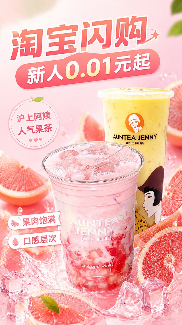 电商促销海报，9:16，清新鲜果风摄影，主标题"淘宝闪购"，副标题"新人0.01元起"，装饰文案"沪上阿姨 人气果茶"，卖点标签"果肉饱满" "口感层次"，主体放大展示西柚果茶的果肉纹理，西柚切片环绕产品，浅粉色渐变背景，通透冰感，产品居中展示，层次感丰富，文字清晰不遮挡主体，版式精美突出产品细节，不使用极限词，符合广告法，商品主体100%还原原图外观和品牌信息