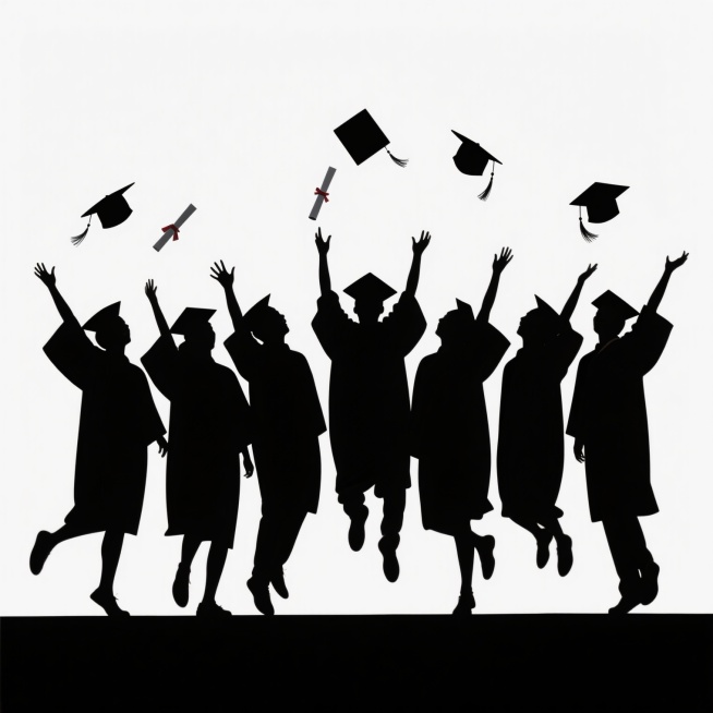 极简风格毕业主题海报，以纯白为背景，前景是一群身着学士服、头戴学士帽的毕业生黑色剪影，他们高举双臂，学士帽和文凭在空中抛起，呈现出欢庆、激动的姿态，人物剪影边缘平滑，姿态多样富有动感，整体构图充满向上的活力与毕业的喜悦氛围，视觉层级清晰，通过剪影的动态和留白突出毕业主题，信息传达直接高效，符合毕业季庆祝的设计感。预览效果