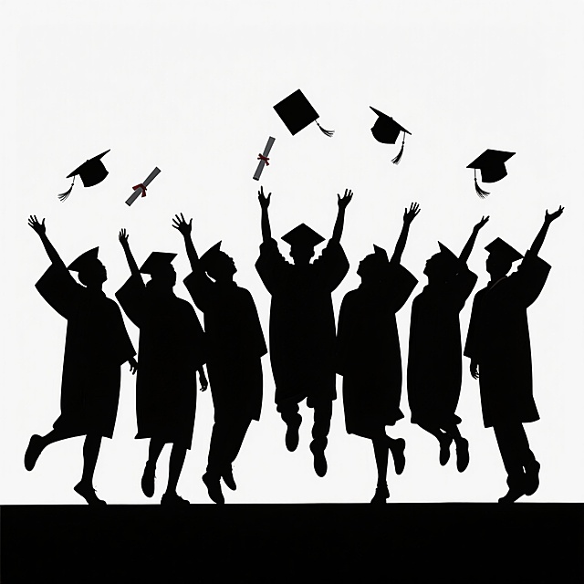 极简风格毕业主题海报，以纯白为背景，前景是一群身着学士服、头戴学士帽的毕业生黑色剪影，他们高举双臂，学士帽和文凭在空中抛起，呈现出欢庆、激动的姿态，人物剪影边缘平滑，姿态多样富有动感，整体构图充满向上的活力与毕业的喜悦氛围，视觉层级清晰，通过剪影的动态和留白突出毕业主题，信息传达直接高效，符合毕业季庆祝的设计感。
