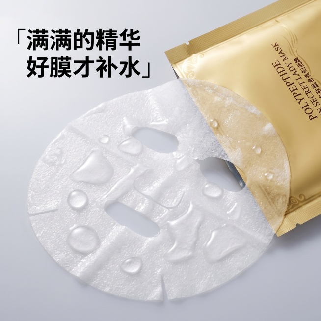 [主图 3]贵妇面膜精华质地展示
[氛围风格]水润通透，真实质感
[画质]极致微距商业摄影质感，光线柔和通透，产品清晰真实，画面干净高级
[元素]拆开一片金色包装的贵妇面膜，平铺展示面膜布，面膜布上吸预览效果