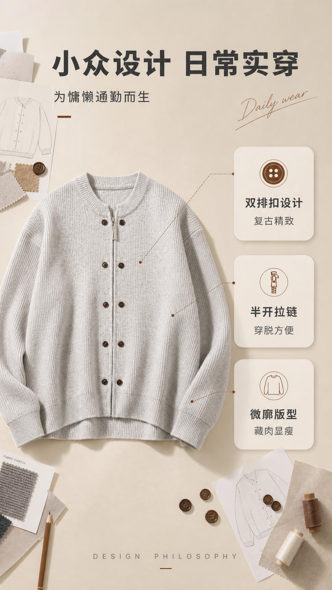 [商品] 使用【图1】浅花灰色双排扣半拉链针织开衫；商品处理：… - 图片创意预览