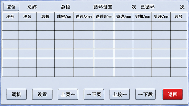基于参考图修改：工业串口屏总览界面，800x480横屏，浅蓝灰底色。表格尺寸和布局完全不变。修改按键：1. 所有按键（复位、调机、设置、上页←、→下页、上段←、→下段、返回）的颜色改为与底色接近的浅蓝灰色，不再用深灰色，按键用底色同色系，通过边框和细微立体效果区分。2. 所有按键的长度做短，变成更紧凑的方形或短矩形按键，不要太长。3. 调机按键从单独一行移到底部，和其他所有按键放在同一行，底部一整排共7个按键：调机、设置、上页←、→下页、上段←、→下段、返回，全部在同一水平线上，大小统一协调。4. 复位按键也用底色同色系（浅蓝灰），仅返回按键保持红色或也改为底色系。整体按键更短更紧凑，全部在底部一排，表格完全不变。全部中文。