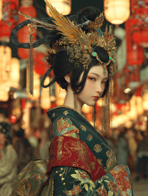 写实风格：“中晚唐堕马髻变体，高发髻向左侧极端倾斜（几乎贴近肩部），发尾加长垂至腰际，发丝带夸张波浪卷；髻顶插一支鎏金银钗（钗头雕飞鸟，鸟喙衔珠串），肩搭宽幅绛红披帛（绣金线云纹）；身着墨绿色织金襦裙预览效果