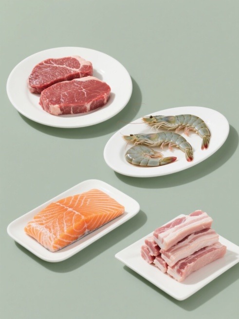 一组4个不同生鲜肉类的产品展示图，每个元素独立放置在纯色背景上，整体采用写实摄影风格，光线明亮柔和，从上方偏前方照射，形成自然的高光和轻微阴影，突出肉质的细腻纹理和新鲜质感。第一张：两块新鲜的牛里脊，呈鲜红色，肉质紧密，表面有自然光泽，放置在白色圆形盘子里；第二张：三只饱满的去壳大虾，通体青灰色带光泽，尾部微微弯曲，并排摆放在白色椭圆形盘子中；第三张：一块完整的三文鱼排，橙红色鱼肉带有清晰的白……预览效果