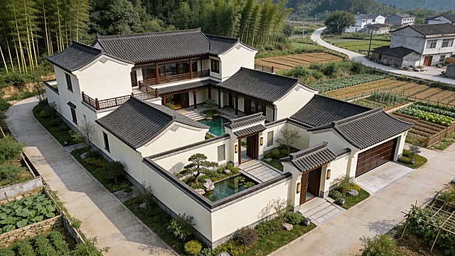 超清写实，16:9宽画幅，中低空斜俯拍，完整展示占地约1亩的一层多院落错体中式合院群落、多进院落、院墙、景观及周边南方乡村环境，建筑与地形、植被、道路自然衔接，无悬浮无割裂，结构合理真实，无畸变。体块分组布局，小群落式排布，空间丰富有庄园感。白墙浅米白，哑光深灰瓦，深棕木质构件，低调奢华。动线科学：多入口、多庭院串联，主通道笔直通畅，水景放在次庭院，主院通行完全不受影响。一侧独立车库，一侧私密菜园，庭院多且互不干扰。白天柔和自然光，光影自然真实，不刺眼不曝光。周边为南方农村绿化、竹林、田垄、乡间小路、周边民宅，自然融合。8K超高清，专业效果图，细节拉满，大气耐看。