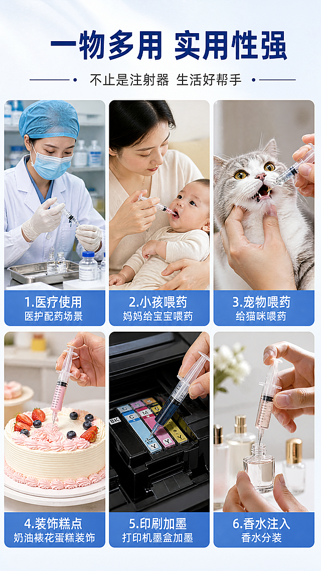 医疗产品详情页使用场景拼图页。画面分为6个小场景格子，2行3列排列。6个场景分别是：1.医疗使用 医护配药场景 2.小孩喂药 妈妈给宝宝喂药 3.宠物喂药 给猫咪喂药 4.装饰糕点 奶油裱花蛋糕装饰 5.印刷加墨 打印机墨盒加墨 6.香水注入 香水分装。每个场景下方有蓝底白字标签。顶部主标题「一物多用 实用性强」，副标题「不止是注射器 生活好帮手」。多场景拼贴风格，生活实用感。9:16竖版，高清4K画质。