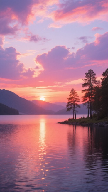 一片宁静的湖泊在绚烂晚霞下泛着粼粼波光，天空中漂浮着粉紫色和橙红色的云彩，夕阳的光芒柔和地洒在湖面上，湖边点缀着几棵挺拔的树木，远处的山峦在暮色中若隐若现，整个画面呈现出梦幻而唯美的氛围。预览效果