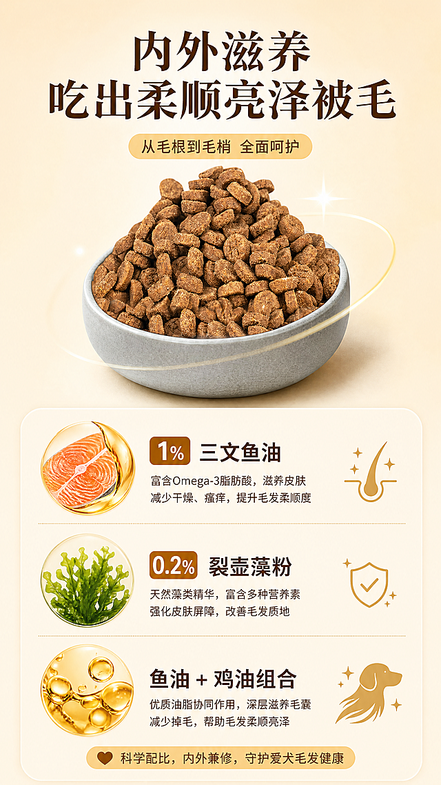 [第4屏] 美毛护肤功效页，本屏使用【图7】碗装狗粮展示颗粒。顶部标题"内外滋养 吃出柔顺亮泽被毛"，上半部分放狗粮图占40%，下半部分介绍三文鱼油1%、裂壶藻粉0.2%、鱼油+鸡油组合，说明滋养皮肤减少掉毛功能。暖米底色，配色保持深棕黄色一致。9:16竖版，4K，文字清晰。负向提示词：颗粒变形,文字错乱,颜色偏差