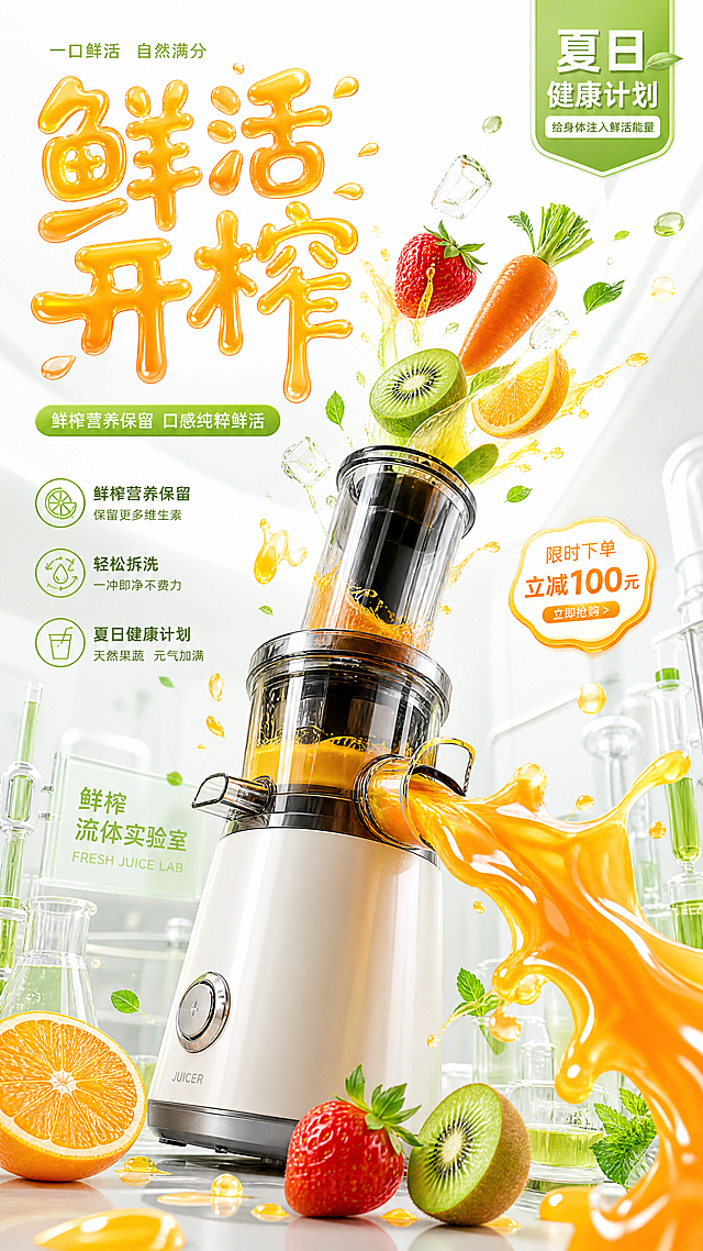 清新感与科技感交融，液态风果汁喷溅展现冲击力，3D重拟物设计凸显体积感，搭配潮流色彩与促销信息，传递夏日健康计划的时尚活力。