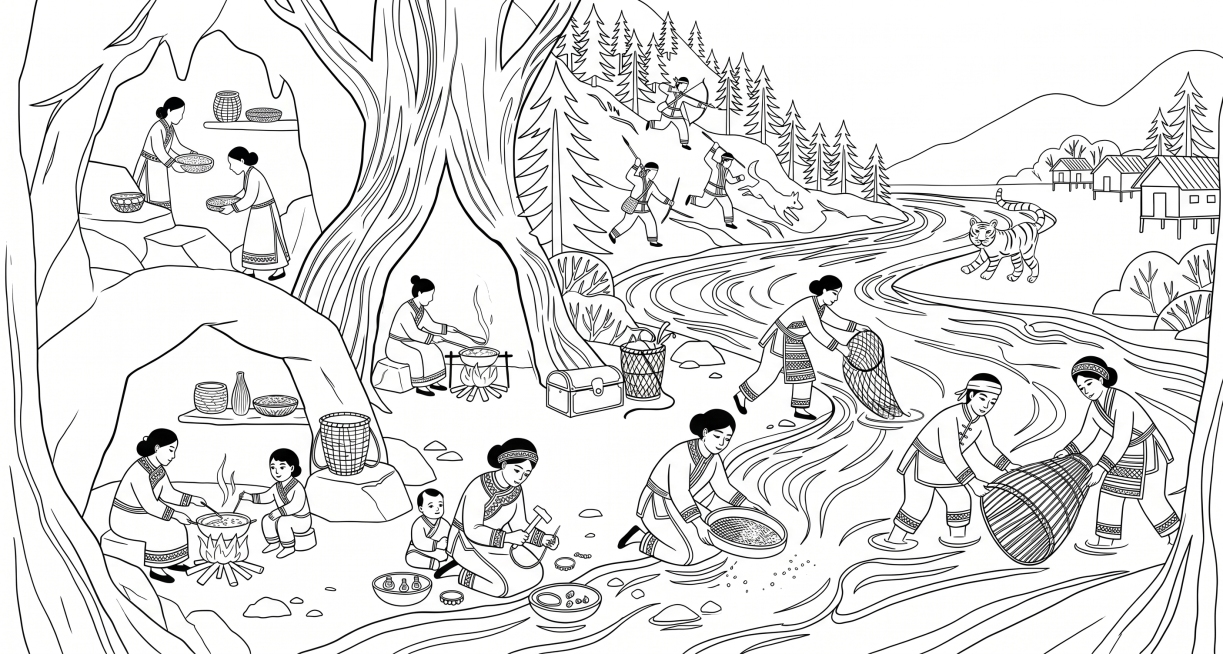 提取这张原始生活场景插画的线稿，背景为纯白色，黑色线条清晰流畅简洁，完整保留所有人物、动物、景物、器物的轮廓线条，去除所有填充色彩和色块预览效果