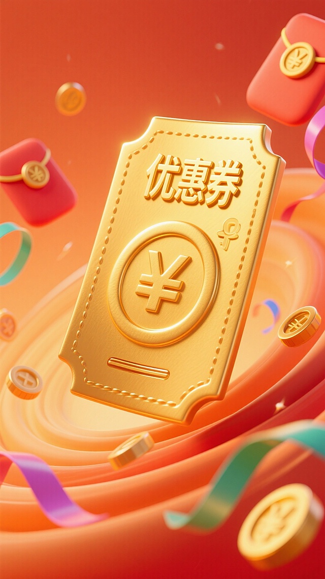 3D重拟物风格，鎏金质感优惠券悬浮于红橙渐变背景，搭配金属硬币与红包元素，营造喜庆促销氛围。