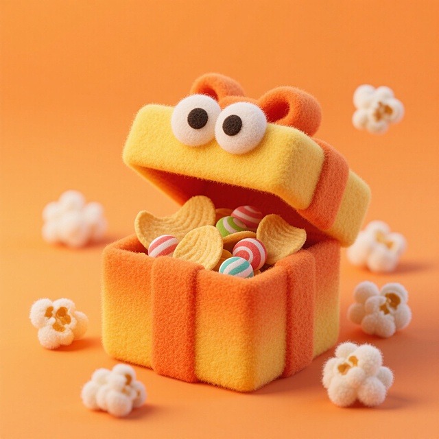 软3D风毛绒礼盒拟人化设计，萌趣大眼，内藏糖果与薯片，四周飘浮爆米花，营造甜蜜可爱节日氛围。