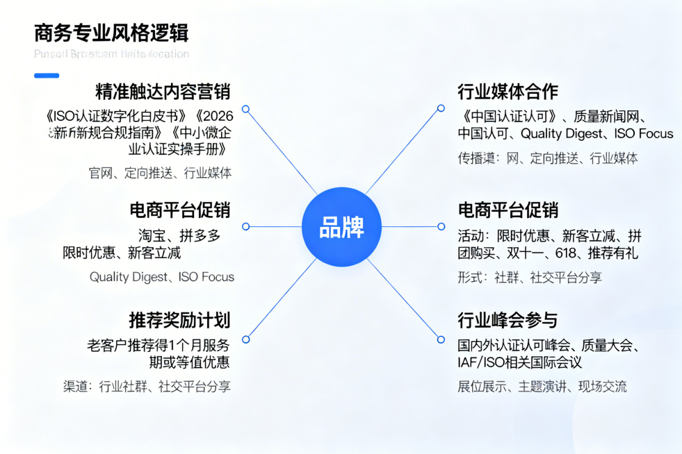 制作一张促销策略逻辑图，中心为品牌，分支分别为：1.精准触达内容营销，标注《ISO认证数字化白皮书》《2026新规合规指南》《中小微企业认证实操手册》，传播渠道为官网、定向推送、行业媒体；2.行业媒体预览效果