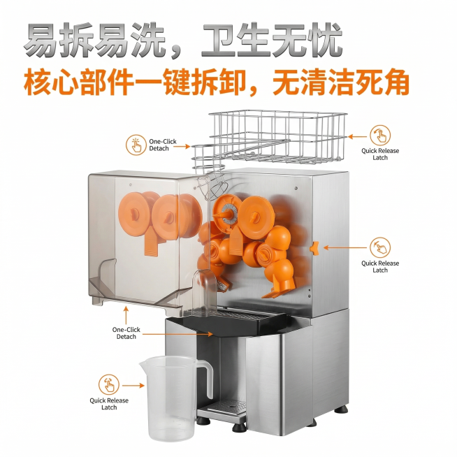 1:1竖版电商主图，严格还原商用全自动橙汁机产品图，包括可拆卸的橙色榨汁轮、透明操作舱、接汁杯等部件，产品外观与参考图完全一致，保持不锈钢高光质感、透明塑料质感、橙色部件质感。画面展示橙汁机核心部件拆预览效果