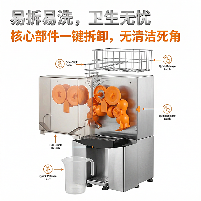 1:1竖版电商主图，严格还原商用全自动橙汁机产品图，包括可拆卸的橙色榨汁轮、透明操作舱、接汁杯等部件，产品外观与参考图完全一致，保持不锈钢高光质感、透明塑料质感、橙色部件质感。画面展示橙汁机核心部件拆卸状态，突出易拆易洗设计，背景为纯白色，主标题：“易拆易洗，卫生无忧”，副标题：“核心部件一键拆卸，无清洁死角”，文字采用无衬线粗体，左对齐排版，主标题用不锈钢银，副标题用活力橙，整体风格极简工业风，突出易清洁卖点，画面清晰高清，杂志排版精致。负面提示词：禁止改变产品可拆卸部件设计、配色，禁止模糊、失真、变形，禁止添加多余装饰、无关物体，禁止改变产品材质质感，禁止文字排版混乱，禁止部件拆卸状态不自然。