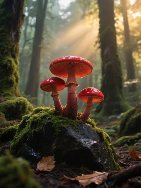 写实风格的森林场景，画面中心是三朵鲜艳的红色灵芝，菌盖呈圆形，表面有明显的环状纹理和光泽，菌柄粗壮，生长在覆盖着翠绿苔藓的深色岩石上。背景是茂密的森林，高大的树干上也布满苔藓，清晨或傍晚的金色阳光透过树叶缝隙洒入，形成柔和的光束，整个场景充满神秘而宁静的氛围，光影效果细腻，色彩层次丰富，岩石上有湿润的质感，地面散落着几片枯叶，没有水印和文字。预览效果
