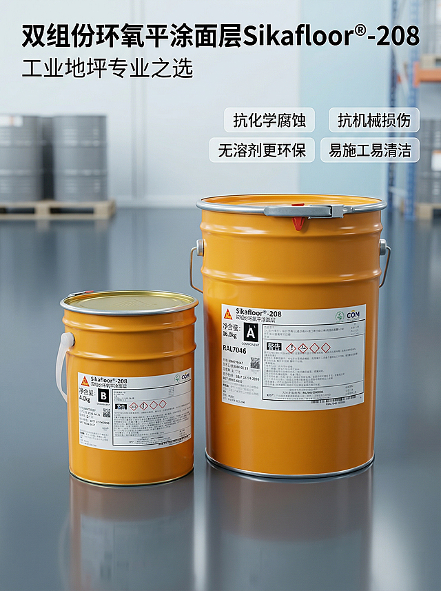 [垫图]输入图片[主图主题]双组份环氧平涂面层Sikafloor®-208产品首图[氛围/风格]专业工业风，硬朗冷光，简约高级质感[画面元素]产品桶（AB组份各一桶）居中放置，主体占比60%，背景为整洁明亮的洁净车间地面场景，地面平整光滑，呈现环氧地坪完工后的质感，光线从侧上方照射，产品金属边缘有清晰高光，背景虚化突出产品主体，画面全屏无边框[配色色系]主色调：产品橙、工业灰；辅助色：冷白色（光线）、浅灰蓝（背景）[视角构图]平视45°角，浅景深突出产品[文字版式]左上角主标题“双组份环氧平涂面层Sikafloor®-208”，黑体白色粗体；下方副标题“工业地坪专业之选”，白色常规黑体；右侧悬浮四个卖点标签“抗化学腐蚀”“抗机械损伤”“无溶剂更环保”“易施工易清洁”，半透明浅灰背景白色文字，无描边，文字不遮挡产品主体[比例分辨率]3:4比例，2k分辨率