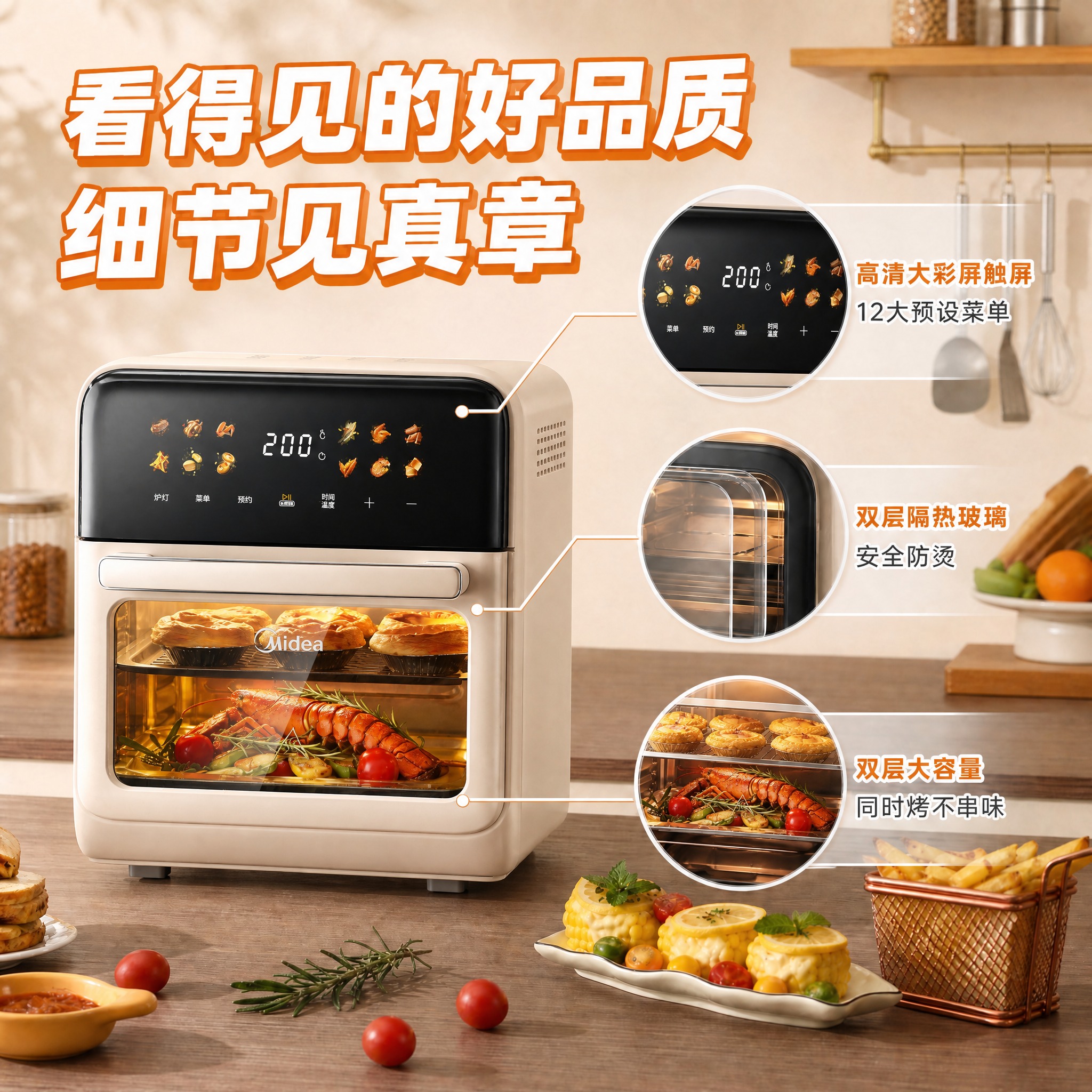 将图中的空炸烤箱产品替换为第二张图中的美的空炸烤箱款式。保持原… - 图片创意预览