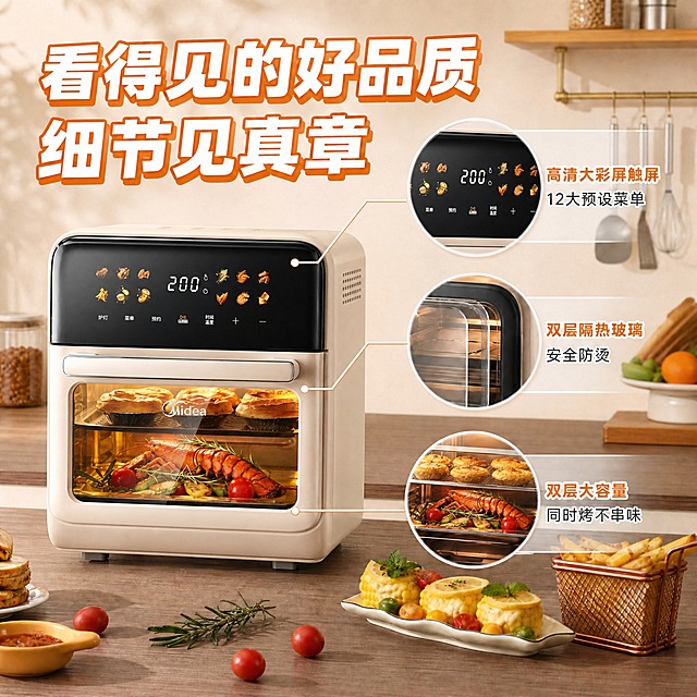 将图中的空炸烤箱产品替换为第二张图中的美的空炸烤箱款式。保持原图的整体构图、背景、文字排版、三个圆形放大细节框及引线、桌面食物装饰、光影风格全部不变。只替换主体产品外观：产品为米白色美的空炸烤箱，黑色彩屏触屏上的菜单图标和文字（炉灯、菜单、预约、时间温度、+ -）与第二张图一致，可视化窗口内上层是酥皮点心下层是龙虾，玻璃上有Midea Logo。产品的形状、比例、颜色、屏幕内容、内部食物都与第二张图完全一致，同时自然融入原图的厨房场景和光影中，确保产品光影方向、阴影、环境反射与原图匹配。