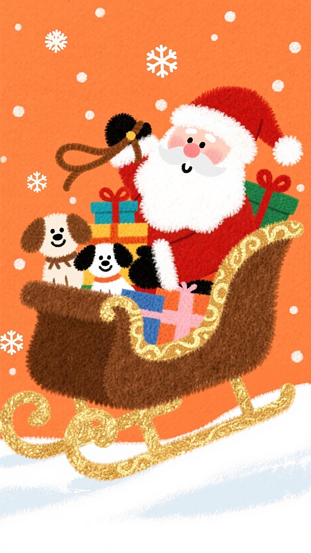 插画风圣诞场景，毛发生长质感的雪橇与角色，融合卡通感与刺绣风细节，营造可爱喜庆氛围，轻拟物设计点缀节日欢乐。