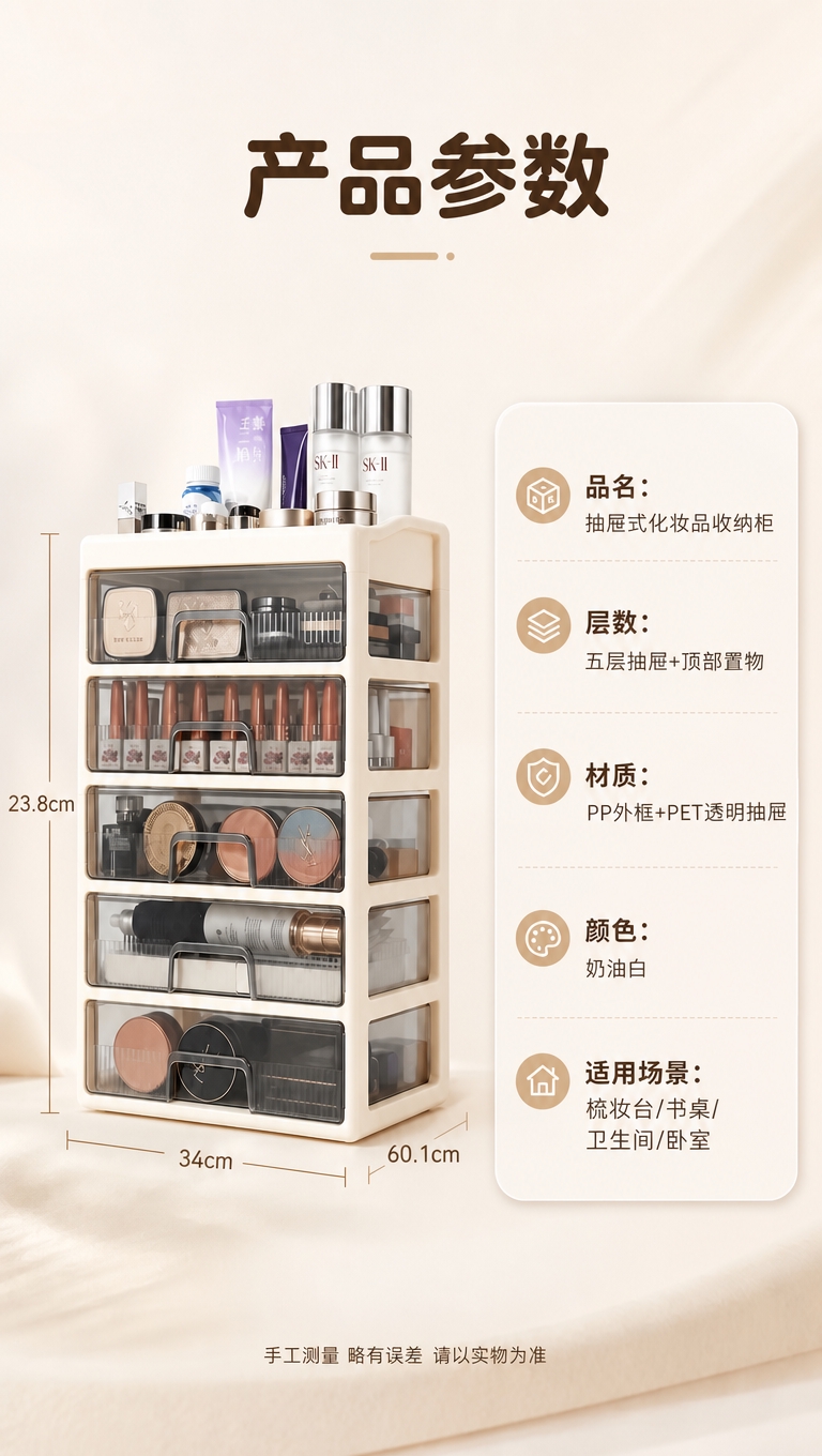[商品] 使用【图1】奶油白五层抽屉式化妆品收纳柜产品参数页；… - 图片创意预览