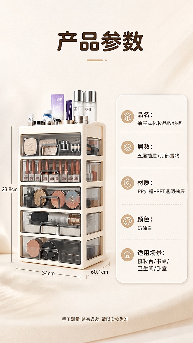 [商品] 使用【图1】奶油白五层抽屉式化妆品收纳柜产品参数页；保留产品外观、五层结构、透明抽屉、奶白色外框，以及右侧参数卡的版式结构和图标样式；将尺寸数值更新为用户提供的精确尺寸。
[画面] 目标：更新精确尺寸的产品参数页。构图：左图右文，左侧产品正面45度角展示并标注尺寸线，产品占画面50%；右侧为圆角参数信息卡。景别：全景。信息载体：尺寸标注线+参数表格。背景：浅奶油色简洁渐变背景，底部有柔和织物质感。
[视觉] 套系策略：风格=奶油治愈系家居商业摄影；标题字=圆润黑体粗体；正文字=简洁无衬线黑体；主色=奶油米白；背景延展=基于奶油米白做深浅层级、同色渐变和细腻墙面/织物质感；强调色=奶茶棕，仅用于小面积图标、引线和标签；标题色=深咖棕；正文色=暖灰棕；组件=圆角浅底信息卡、细线引线、胶囊标签；光影=左前侧暖柔光，柔和自然阴影。
[文字] 顶部主标题「产品参数」；左侧尺寸标注：高度标注为23.8cm、宽度标注为34cm、深度（侧面）标注为60.1cm（尺寸线清晰标注，数值准确）；右侧参数信息卡列出：「品名：抽屉式化妆品收纳柜」「层数：五层抽屉+顶部置物」「材质：PP外框+PET透明抽屉」「颜色：奶油白」「适用场景：梳妆台/书桌/卫生间/卧室」；底部小字补充「手工测量 略有误差 请以实物为准」；全部横排排版，文字清晰可读，手机端可辨识。
[规格] 图片比例9:16竖版，4K分辨率，淘宝/天猫详情页风格，避免变形、错字、文字过小、冷蓝/冷灰背景、产品颜色改变、结构失真、极限词、尺寸数值错误。