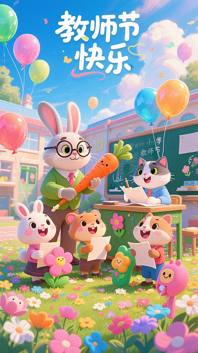 卡通拟人风插画，可爱动物师生互动，清新色彩庆祝教师节。