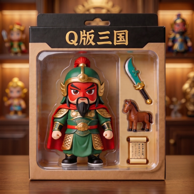 保留Q版关羽手办和包装盒的所有内容不变，将纯白色背景更换为室内展示手办的场景风格，背景虚化，突出主体，保持精致光影效果预览效果