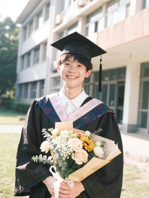 男生，毕业照，正面照，笑容灿烂，穿着学士服，戴着学士帽，手里拿着花束，阳光，背景是校园教学楼预览效果