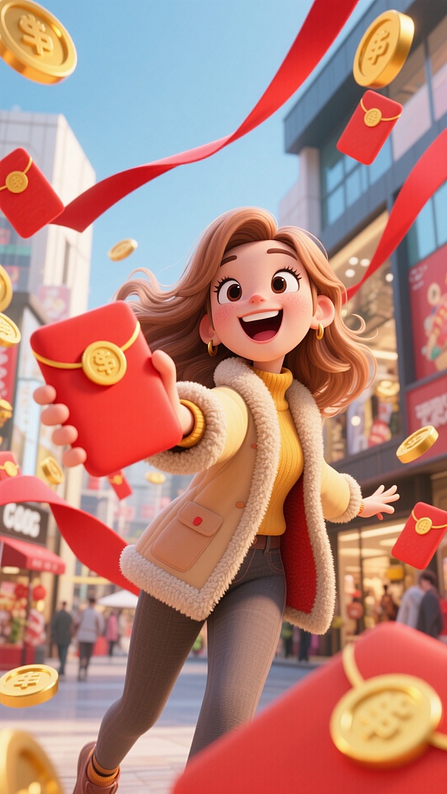 强烈镜头畸变，冲击力强，大幅度夸张动作，画面四周围绕的是很多红包和金币，一个浅棕色长发秋冬穿搭，时尚的女生，左手向前伸向镜头，刚刚接着一个大红包，惊喜的表情，表情开心，比例夸张，背景在室外的商场。主色调为红色和黄色。背后有红色的丝带。