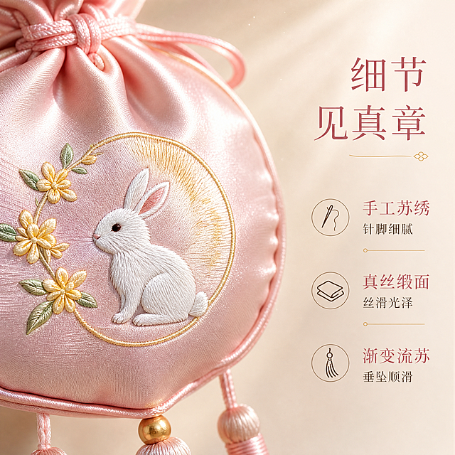 [主图-2] 材质细节卖点图，重点放大展示香囊的刺绣工艺与缎面材质细节，让用户直观看到精致质感。
[统一基调] 小红书风格 1:1 方图，温馨雅致国风氛围，暖米杏色渐变背景与原图一致，柔和午后侧逆光，自然丁达尔光尘效果，整体色调粉金暖调，字体用纤细优雅宋体，标题字色深豆沙粉，辅助字色暖棕灰，强调色淡金色，画面干净留白多，原生感不硬广。
[画面] 画面主体为香囊正面局部放大特写，聚焦玉兔桂花刺绣区域，占画面中心约70%。清晰展示白色玉兔的每一针刺绣针脚、绒毛质感，桂花花瓣的黄色渐变刺绣、叶片的绿色纹理，金色月亮轮廓的金线刺绣光泽。同时展示周围粉色真丝缎面的细腻纹理、自然褶皱和丝滑光泽。背景保持暖米杏色渐变，左侧柔和阳光斜射，在缎面上形成自然高光带。画面右侧和下方留有负空间放置卖点文字。
[光影质感] 微距商业摄影质感，柔和侧光突出刺绣立体凹凸感，缎面有柔和丝光反射，刺绣线的毛流感清晰可见，针脚排列整齐，光影层次丰富，细节锐利。
[配色] 粉色缎面为主，白色玉兔、鹅黄桂花、嫩绿叶片、金色月亮，背景暖米杏色，整体色调统一温暖。
[文字版式] 右侧竖排或右对齐排布3个卖点，每个卖点配小图标：「手工苏绣 针脚细腻」配针线小图标，「真丝缎面 丝滑光泽」配布料小图标，「渐变流苏 垂坠顺滑」配流苏小图标。顶部主标题「细节见真章」，深豆沙粉色宋体。文字均在右侧负空间，不遮挡刺绣主体。
[输出要求] 1:1正方形，2K高清，刺绣细节锐利清晰，材质质感真实，文字清晰可读，无变形错字，无水印无平台Logo。负向：模糊 变形 错字 杂乱 水印 塑料感 刺绣模糊 人物