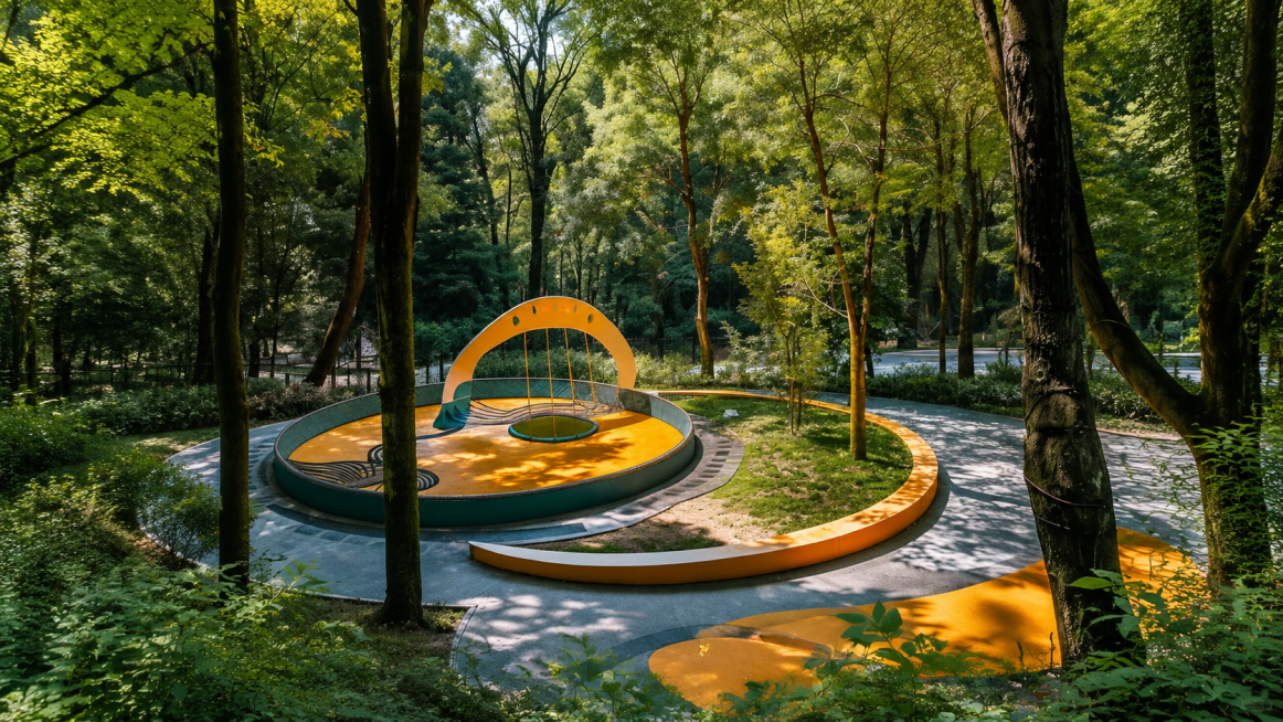 参考图片风格，保留公园林间休闲场地的景观，去掉图片中所有文字，生成横版图片预览效果