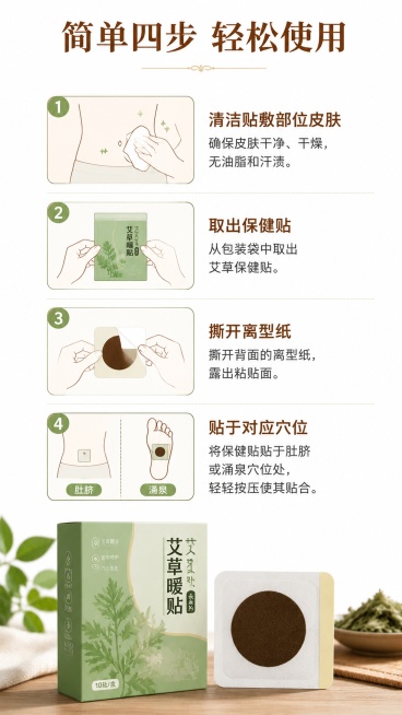 [第4屏] 使用步骤演示。
[氛围/风格] 清晰步骤指南，简约易懂，中式风格。
[元素布局] 分四个步骤从上到下排列，每个步骤配示意图和文字说明：1.清洁贴敷部位皮肤；2.取出保健贴；3.撕开离型纸；预览效果