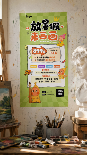 画室海报展示样机，将招生海报贴在少儿美术教室的带颜料污渍白色墙面上展示，保持海报内容完整不变，画面包含木质画架、摆满画笔和颜料盒的工作台，搭配大卫石膏像元素，写实风格，室内自然光，温暖文艺色调，4K高预览效果