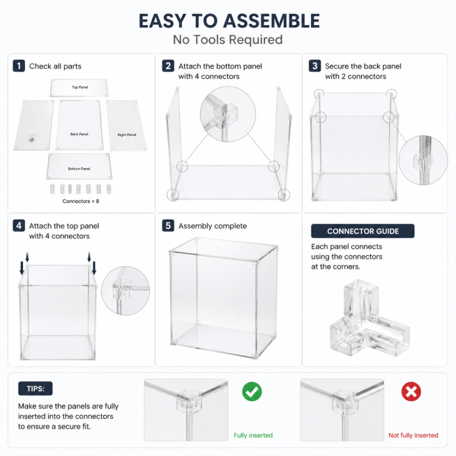 Show the assembly step of the clear acrylic display case, demonstrate how to connect the panels with预览效果
