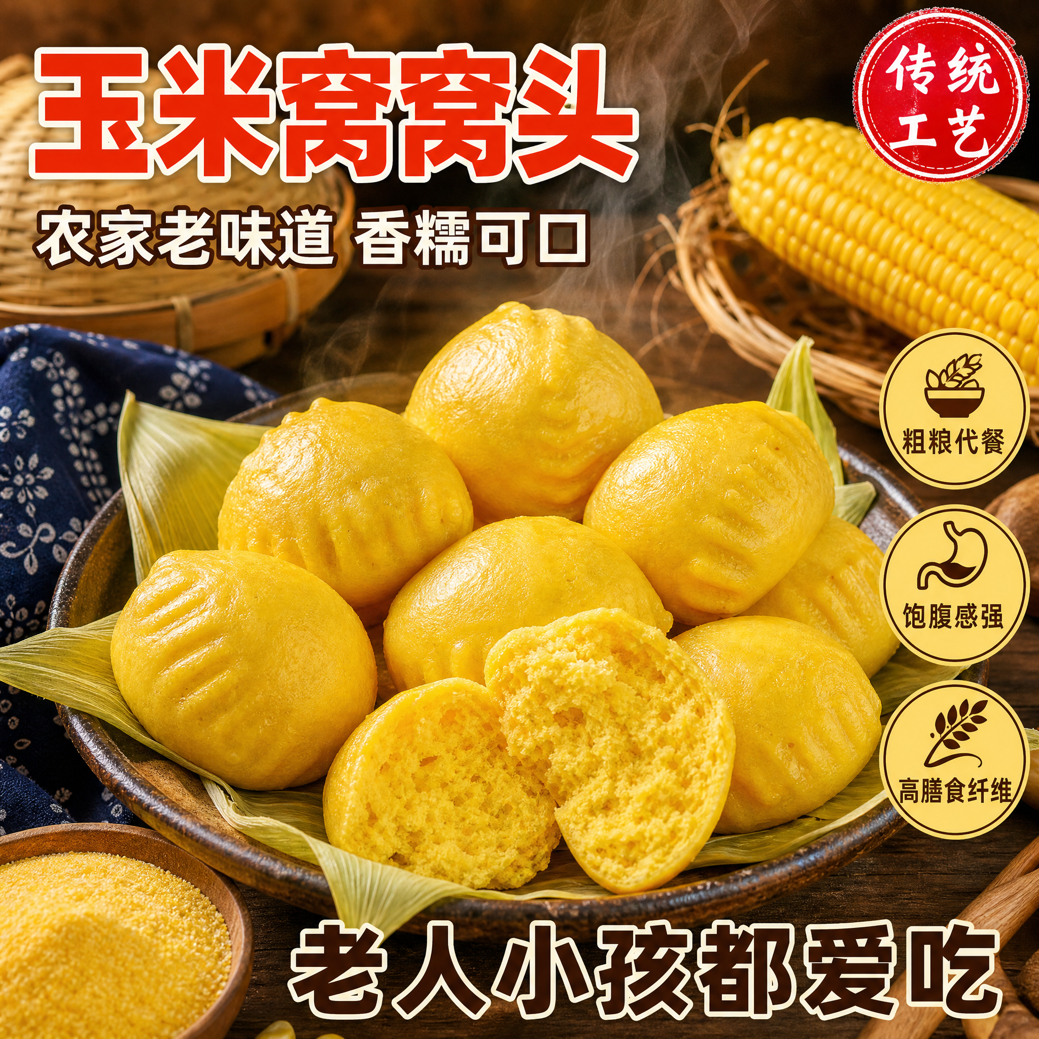 [主图-5] 玉米面窝头成品展示 农家粗粮 食欲感。 [氛围风… - 图片创意预览