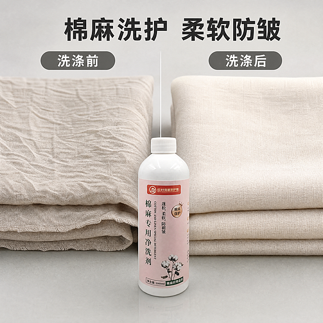 [主图-2] 棉麻专用净洗剂核心效果展示图。[氛围风格] 真实对比风格，干净可信，突出效果差异。[画质] 商业摄影质感、光线均匀通透、产品清晰真实、画面干净高级。[元素] 左右分栏对比展示，左侧是发硬起皱的棉麻织物，右侧是使用本品洗涤后蓬松柔软的同一块棉麻织物，产品居中放置在对比图下方，保持产品外观与输入产品图绝对一致，杜绝任何变形和色差，精细化处理。商品主体占比合理，满屏无边框。[光影] 均匀柔光，左右光影一致，清晰突出对比效果，无过暗或过曝区域。[配色] 主色调浅灰，保留产品粉色标签，干净低饱和度，对比清晰。[视角构图] 平视居中构图，左右对比分区明确，主体突出。[文字版式] 顶部大字主标题写"棉麻洗护 柔软防皱"，粗体深色清晰醒目，左右分区标注「洗涤前」和「洗涤后」，文字对应放置，不遮挡对比主体，文字清晰可读。[比例分辨率] 1:1 比例，4k 分辨率；文字清晰锐利，画面超高清。[负向提示词] 变形，水印，文字错乱，产品图模糊，背景杂乱，夸张对比效果。