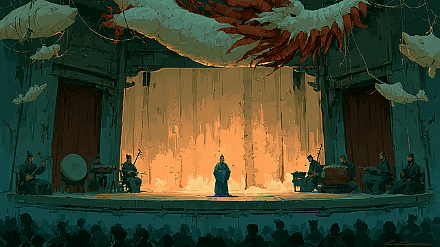 Traditional Chinese opera stage, front wide-angle view from back of audience, center completely empty for compositing three characters. Warm beige old curtain with soft honey-gold backlight, slightly mottled, no smoke. Dark aged wood structure, simple dark vermilion side curtains, no Western opera drapes. Huge handmade paper dragon overhead, ivory white body, vermilion mane and scales; several paper fish around, faint threads, rough style, not lanterns. Musicians on wings: suona, erhu, gong, drum. Dark robes, relaxed poses, blurred faces. Sparse out-of-focus audience foreground. Freehand block digital painting, semi-impasto concept art, loose color blocks, no clean line art. Natural brushstrokes, broken blocks, dry brush texture. Center clear, edges soft. Palette: deep teal, gray-blue, wood brown, dark vermilion, honey gold, amber orange. Warm mysterious mood. No outlines, cel shading, flat style, fog, horror, spotlights, text. --stylize 250