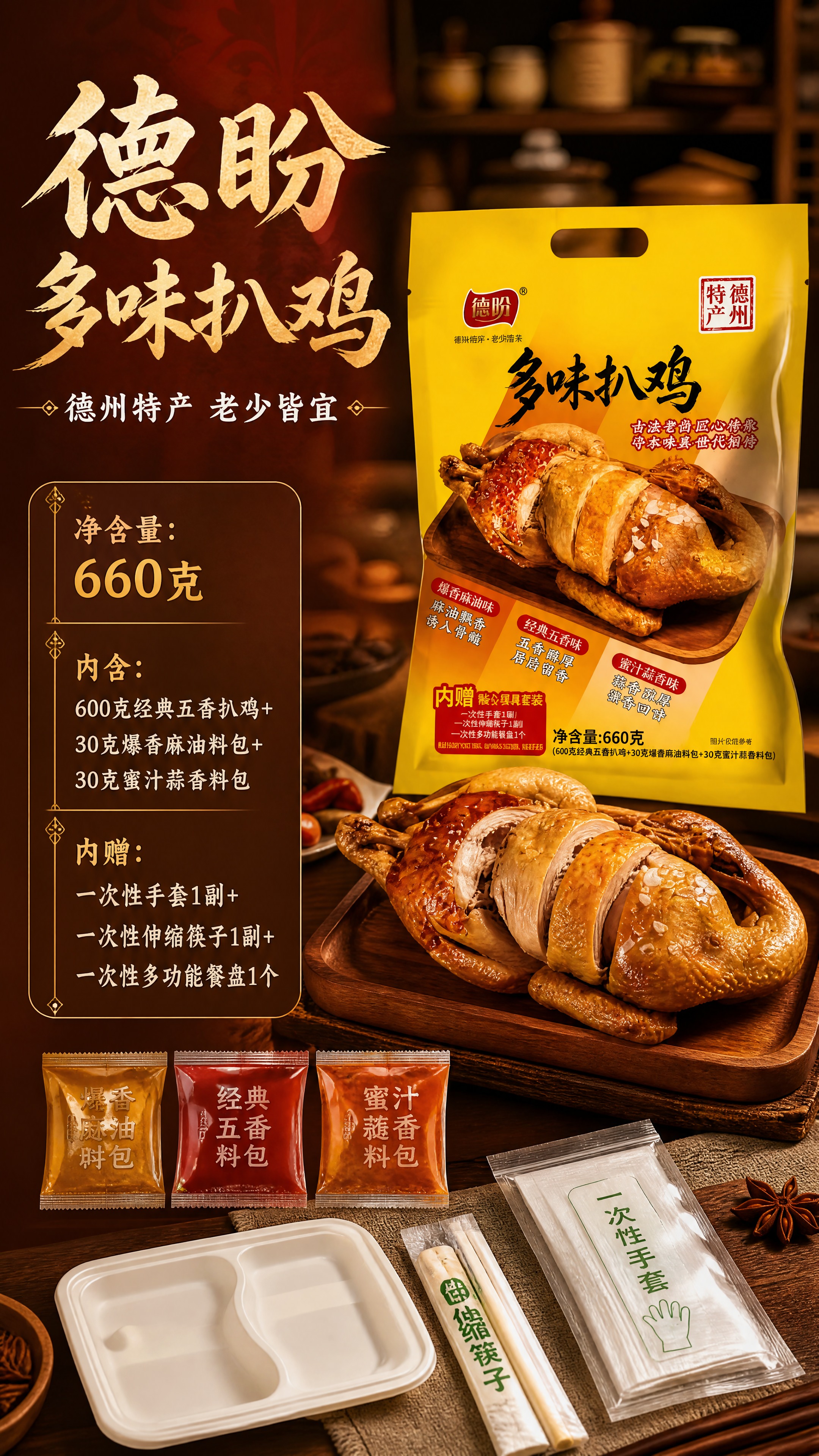 [商品] 使用【图1】德盼多味扒鸡黄色包装袋产品图；完整保留包… - 图片创意预览