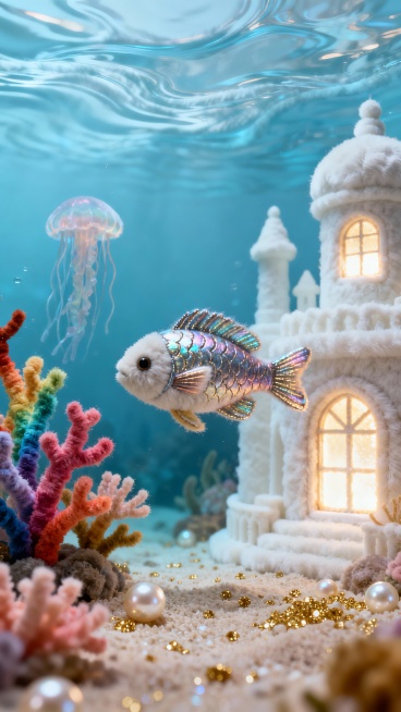 深海毛绒王国，海水是半透明的浅蓝色毛绒，流动感强且带有波纹纹理，珊瑚呈现彩虹色毛绒分支，鱼儿身体覆盖短绒并带有金属光泽毛绒鳞片，海底宫殿为珍珠白毛绒建筑，窗户是发光的毛绒水母，沙砾是细小的金色毛绒颗粒预览效果