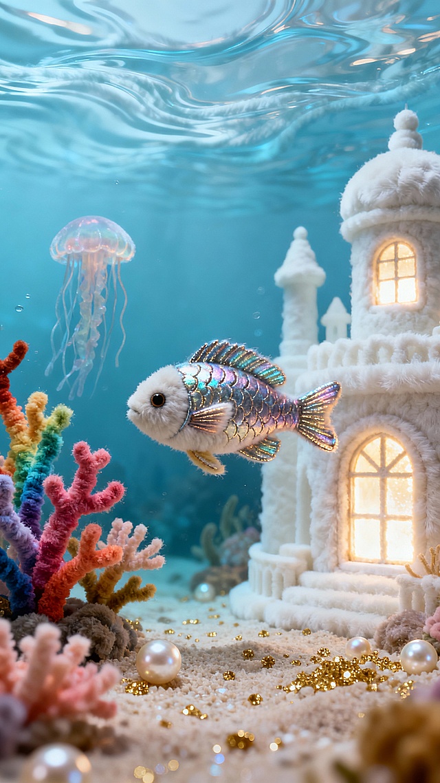 深海毛绒王国，海水是半透明的浅蓝色毛绒，流动感强且带有波纹纹理，珊瑚呈现彩虹色毛绒分支，鱼儿身体覆盖短绒并带有金属光泽毛绒鳞片，海底宫殿为珍珠白毛绒建筑，窗户是发光的毛绒水母，沙砾是细小的金色毛绒颗粒，整体氛围神秘梦幻，低亮度高对比度，3D渲染效果，毛绒质感蓬松不结块
