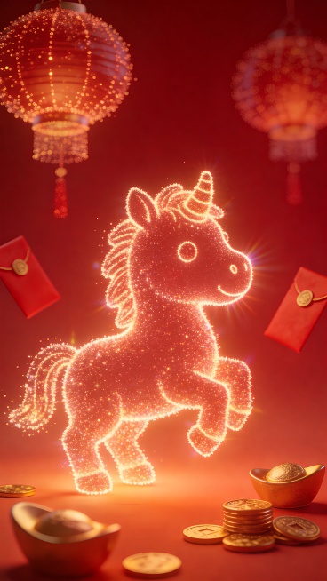 模糊的粒子效果，发光的光粒子组成了一个圆润可爱的马的形象，周围环绕着朦胧的灯笼、粒子形状的红信封、金锭、金币、红色的背景、梦幻般的发光效果、柔和的光线、喜庆的氛围、高细节、清晰的构图。预览效果