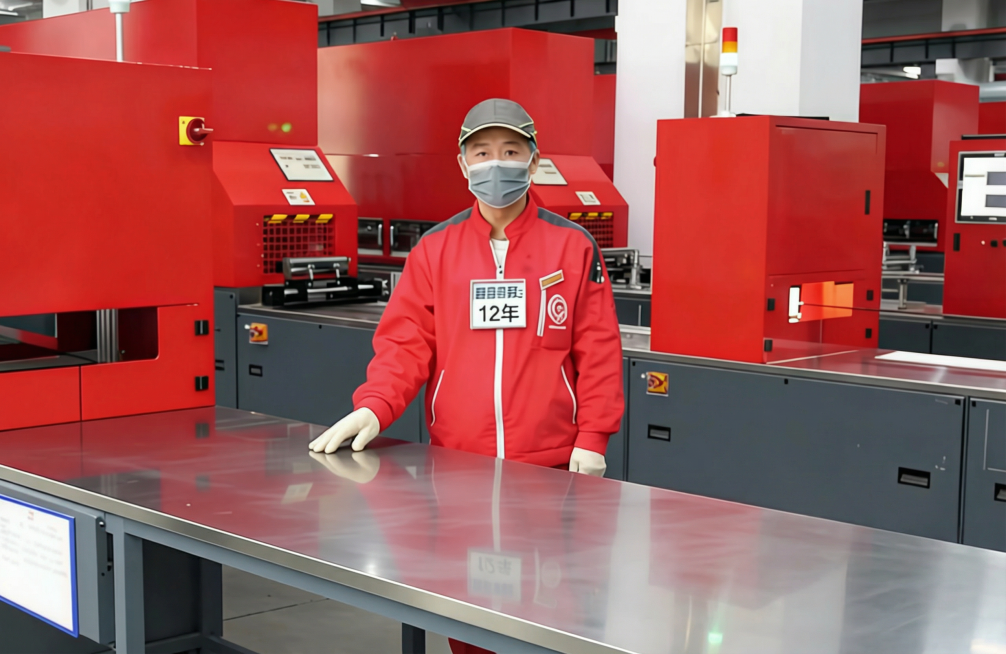 根据原图生成员工作业图：
1、原图工位完全保持
2、工位的工作台没有中间段开的情况，将原图中的工作台延伸（向照片底边方向）至看不到工作台的边缘预览效果