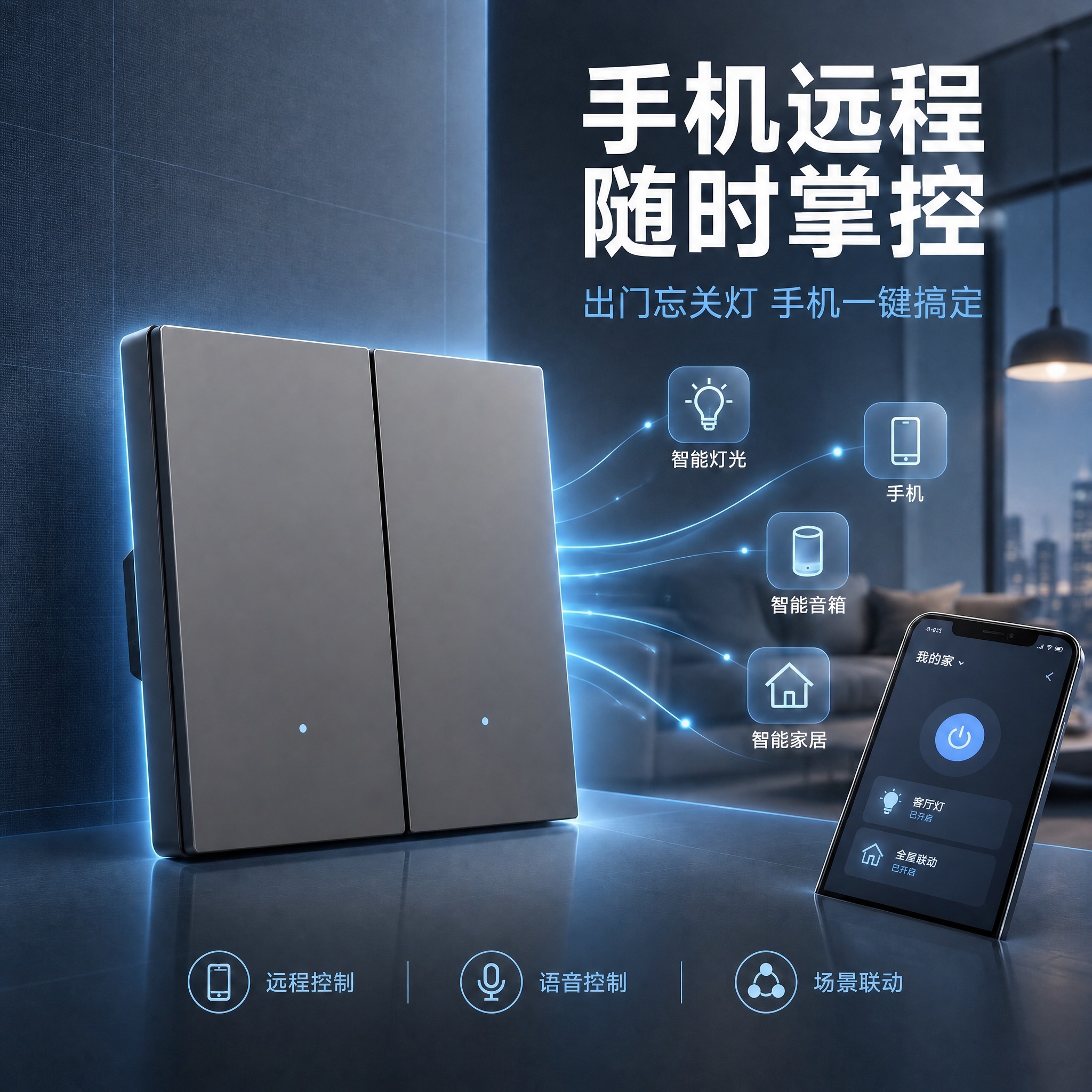 灰色双开智能开关面板表面调光滑，去除颗粒感和细微磨砂纹理，呈现… - 图片创意预览